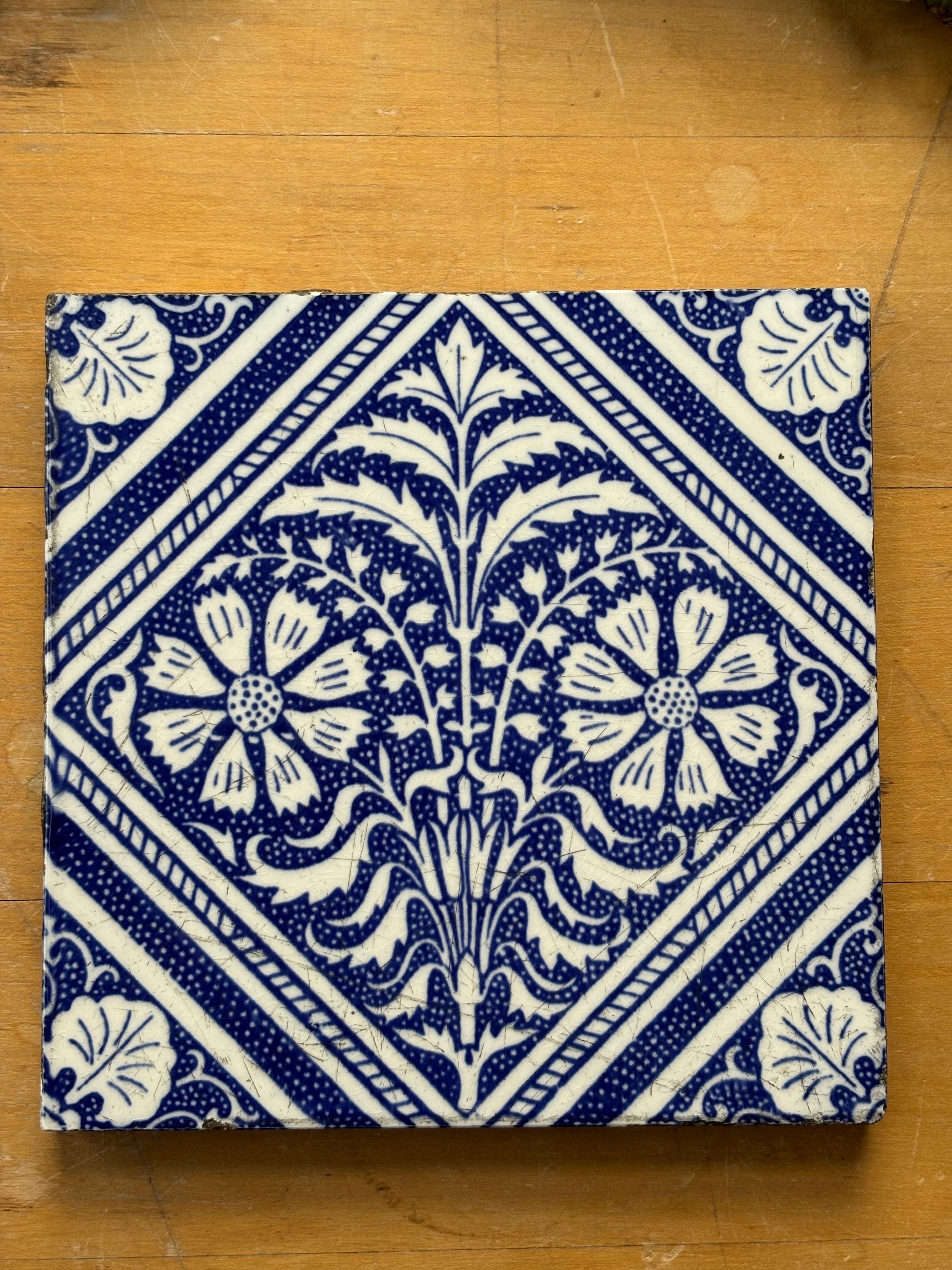 Antique Dark Blue Floral Mirror Tile