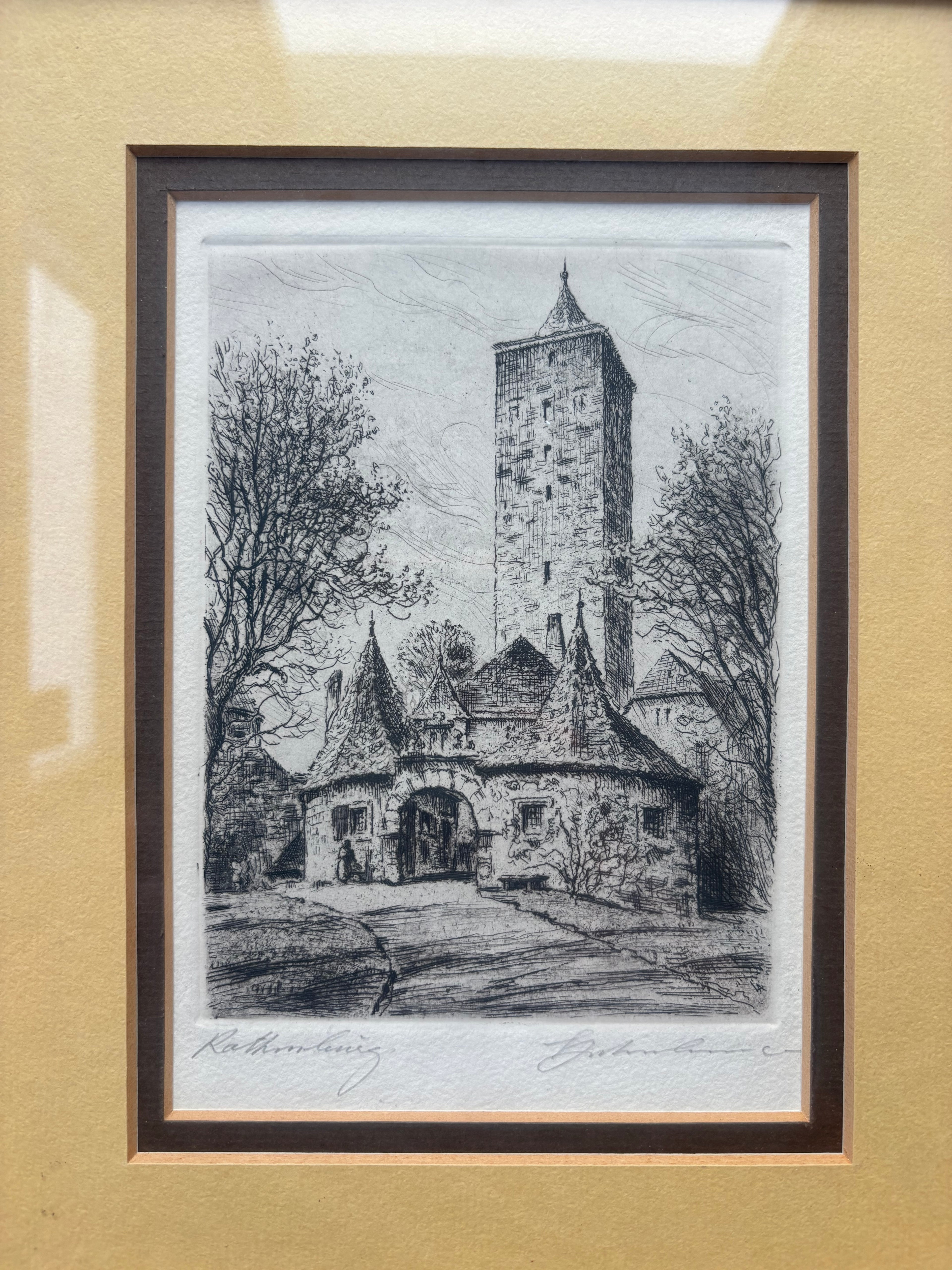 Vintage Etching of Rothenburg, Germany Tower