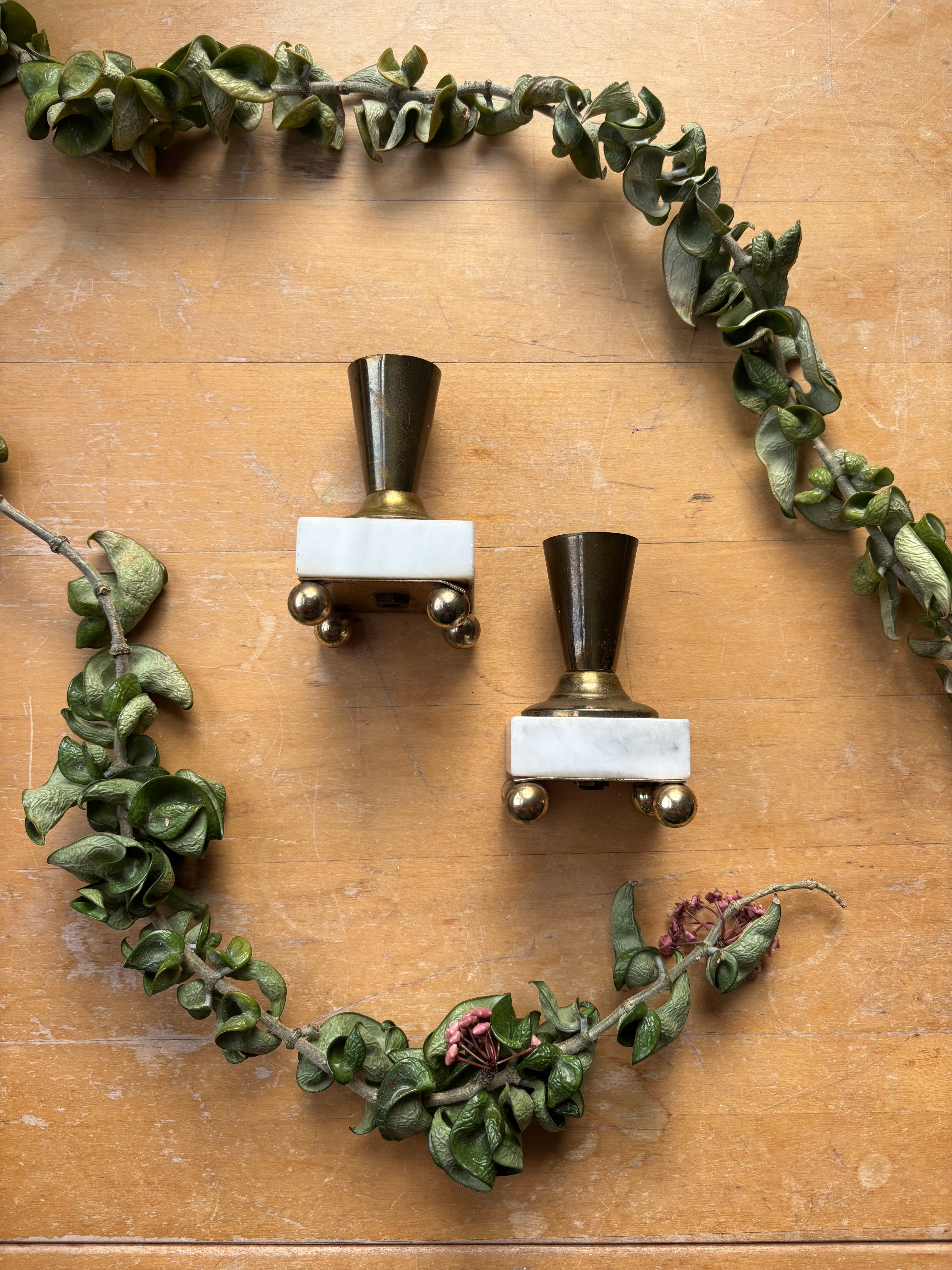 Pair of Brass and Stone Candlesticks