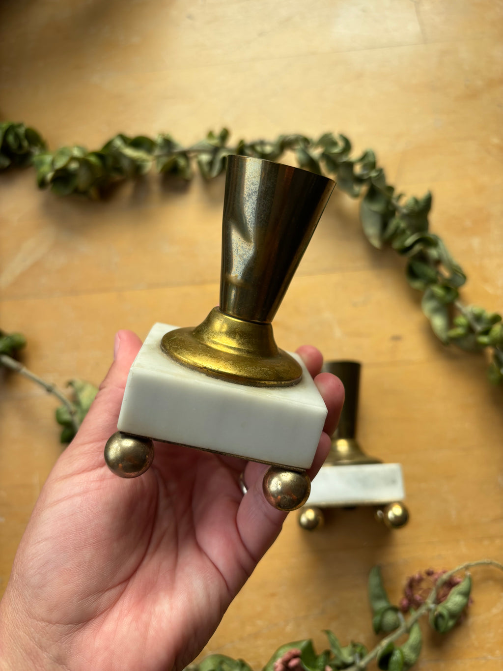 Pair of Brass and Stone Candlesticks