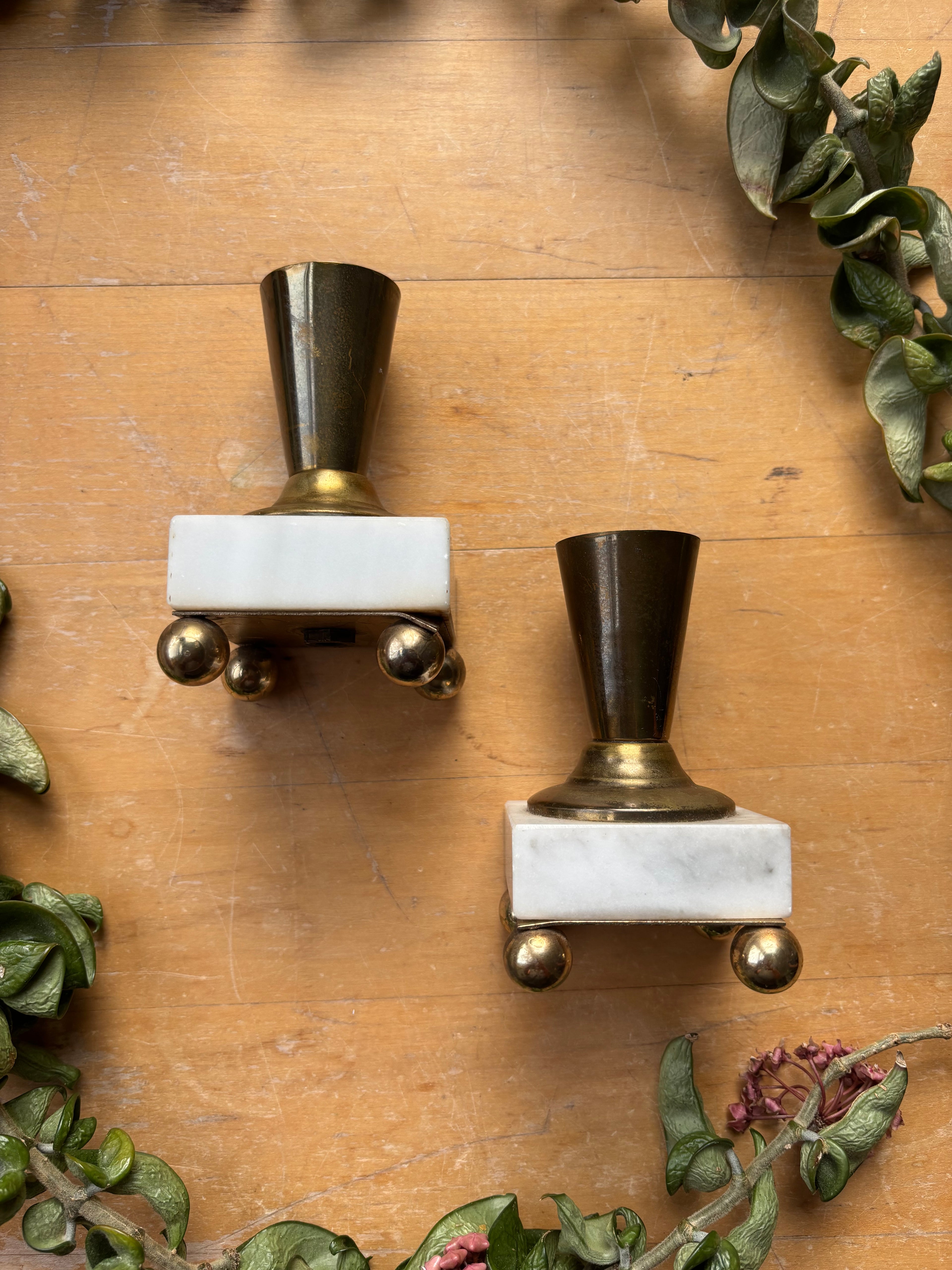 Pair of Brass and Stone Candlesticks