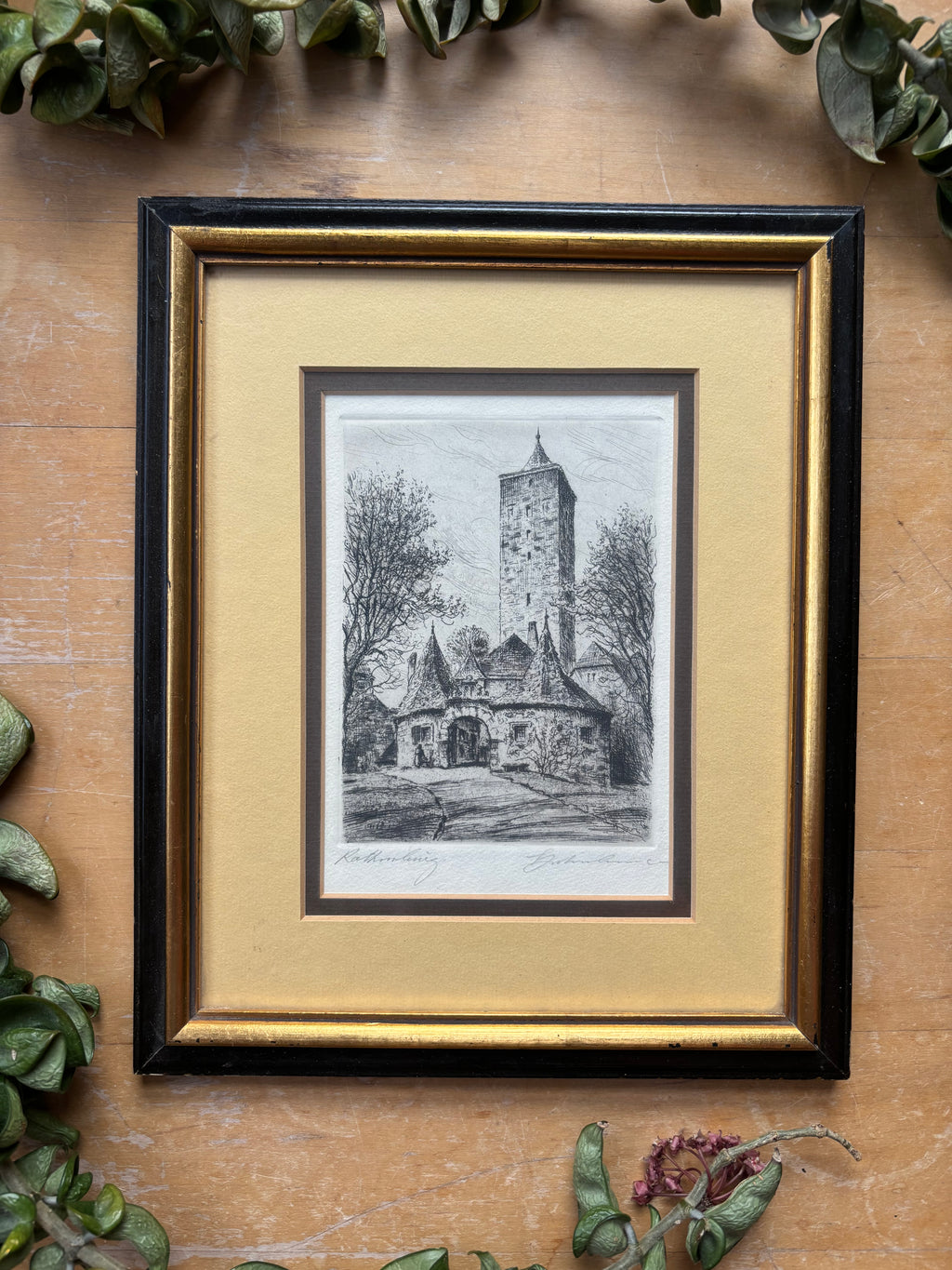 Vintage Etching of Rothenburg, Germany Tower