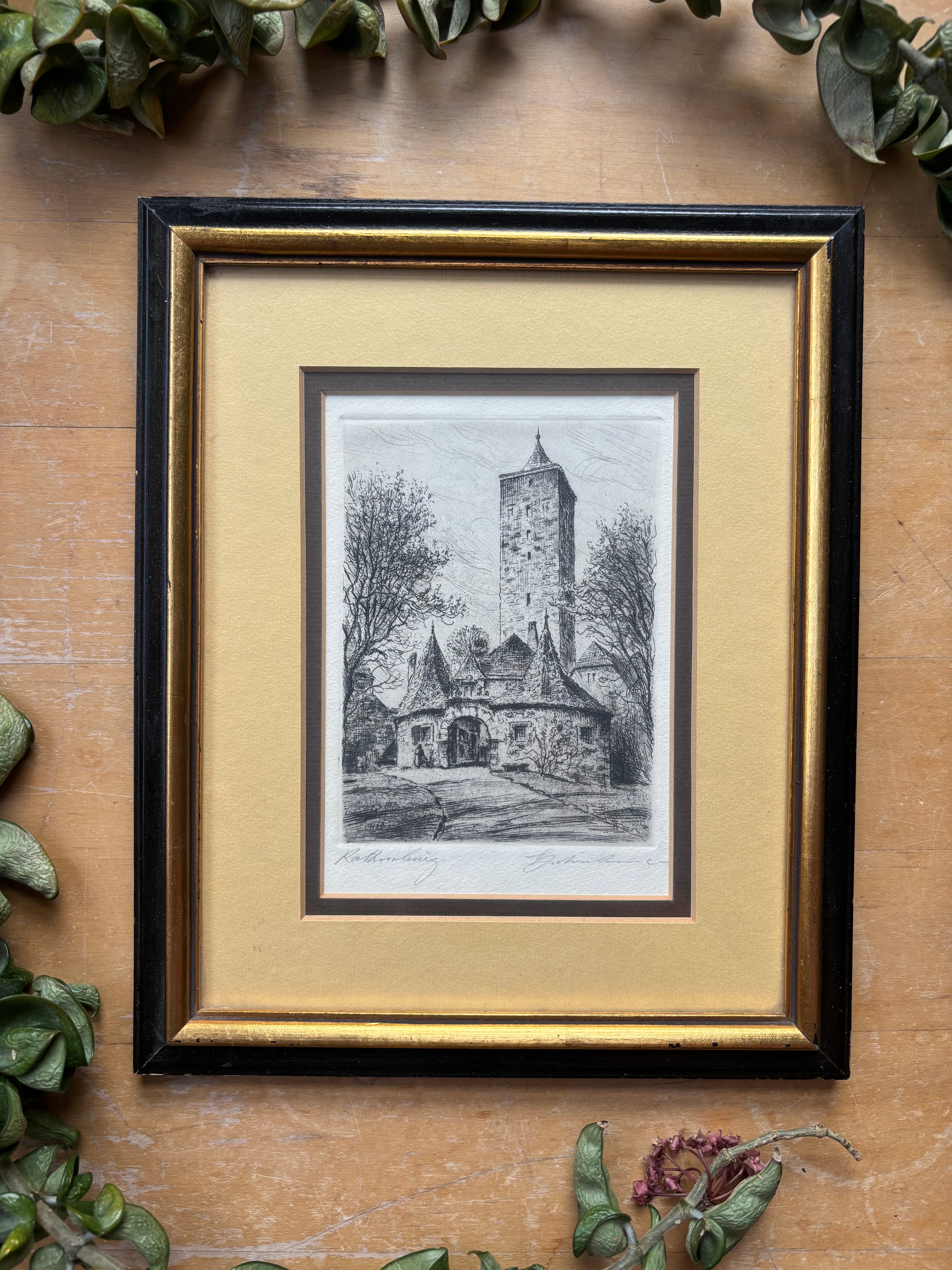 Vintage Etching of Rothenburg, Germany Tower