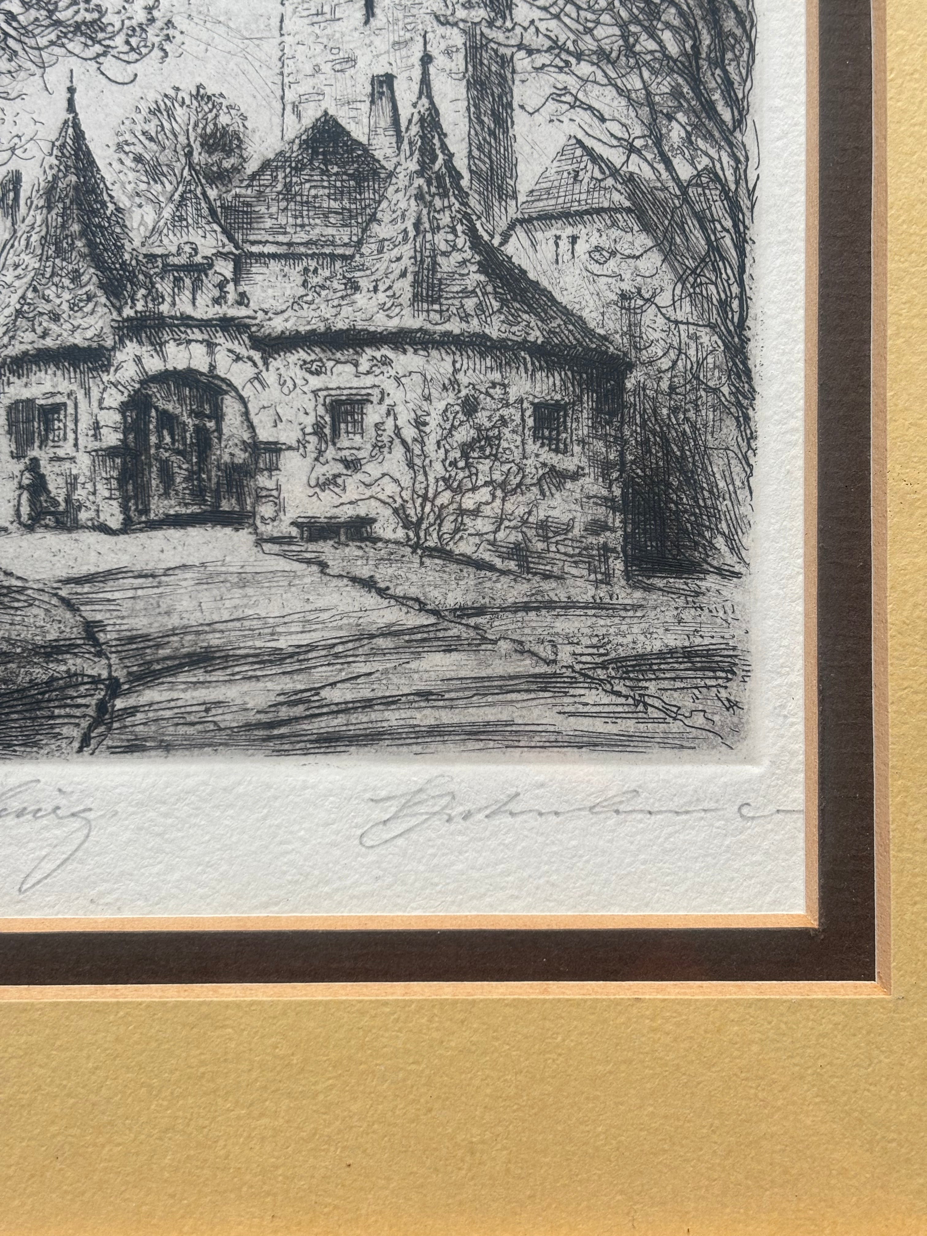 Vintage Etching of Rothenburg, Germany Tower