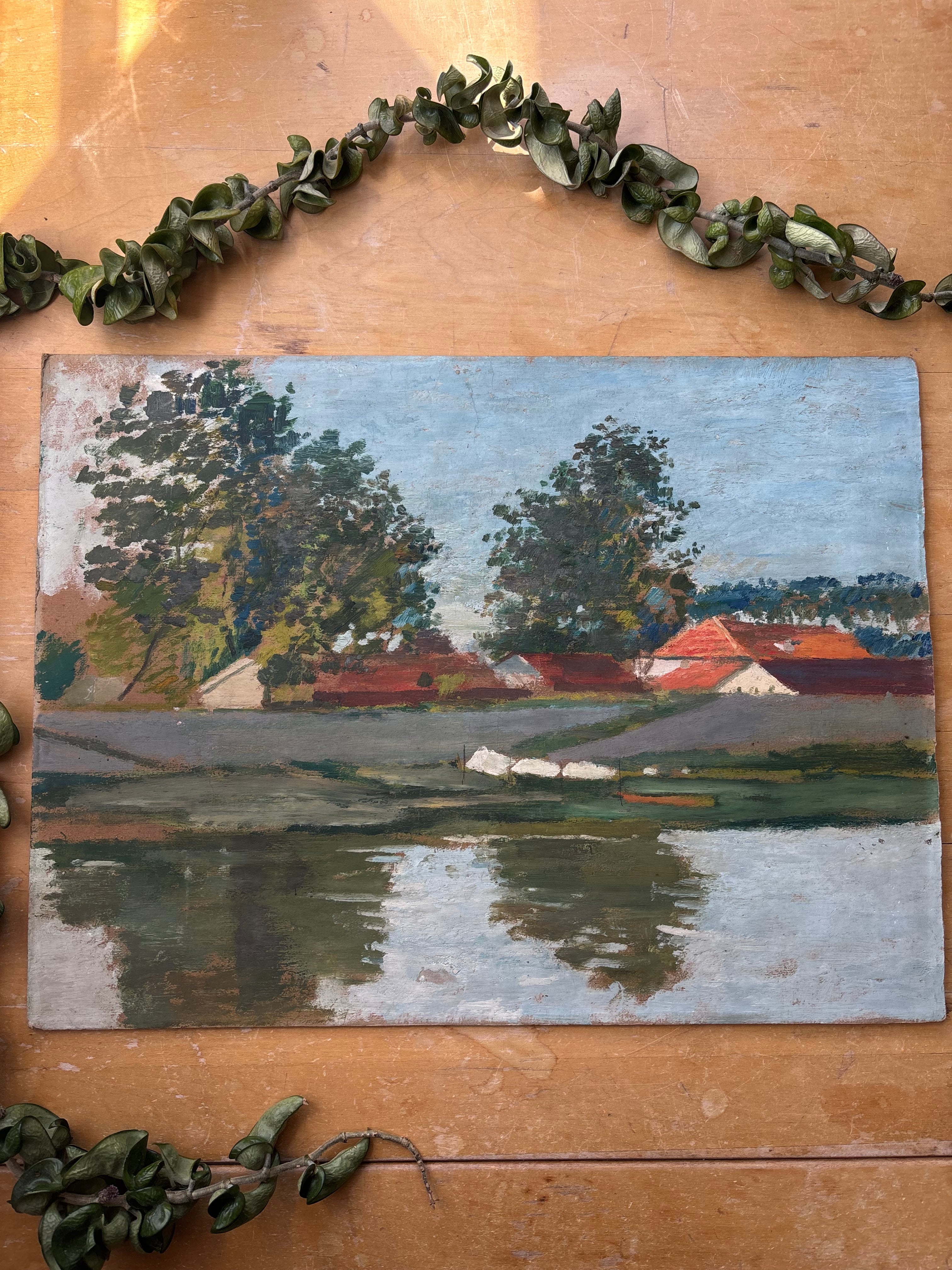 Pondside Village, Oil on Art Board