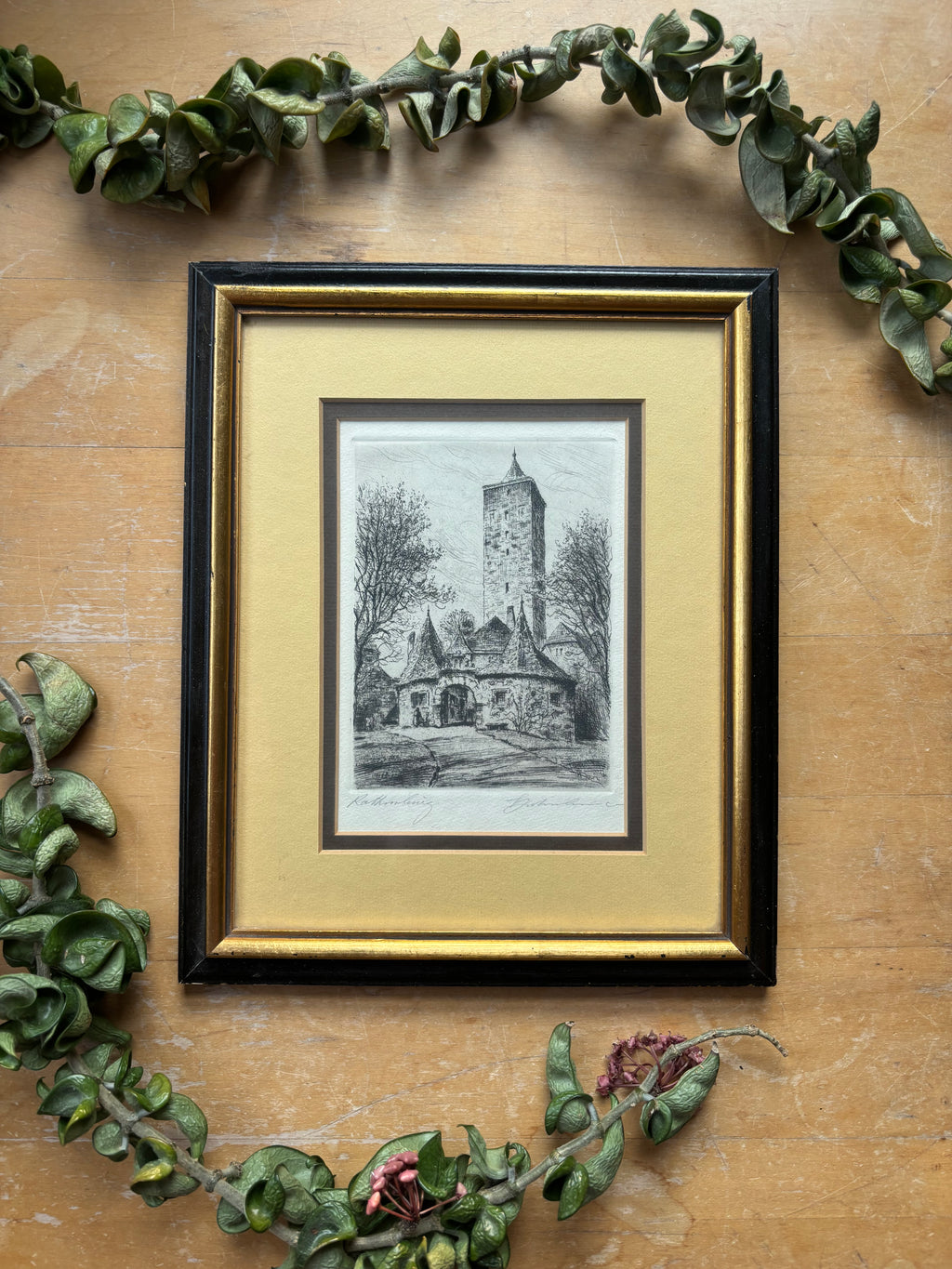 Vintage Etching of Rothenburg, Germany Tower
