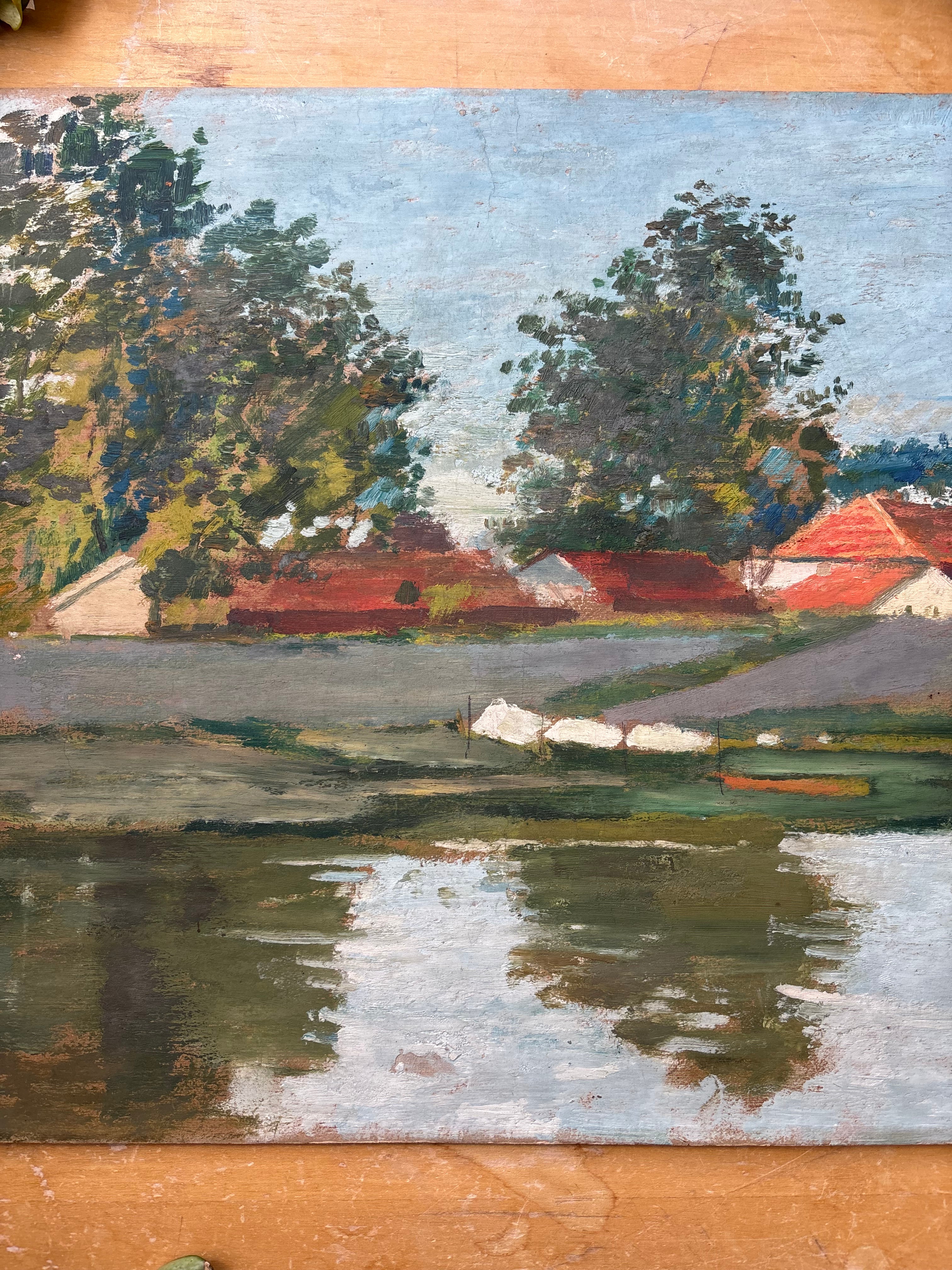 Pondside Village, Oil on Art Board