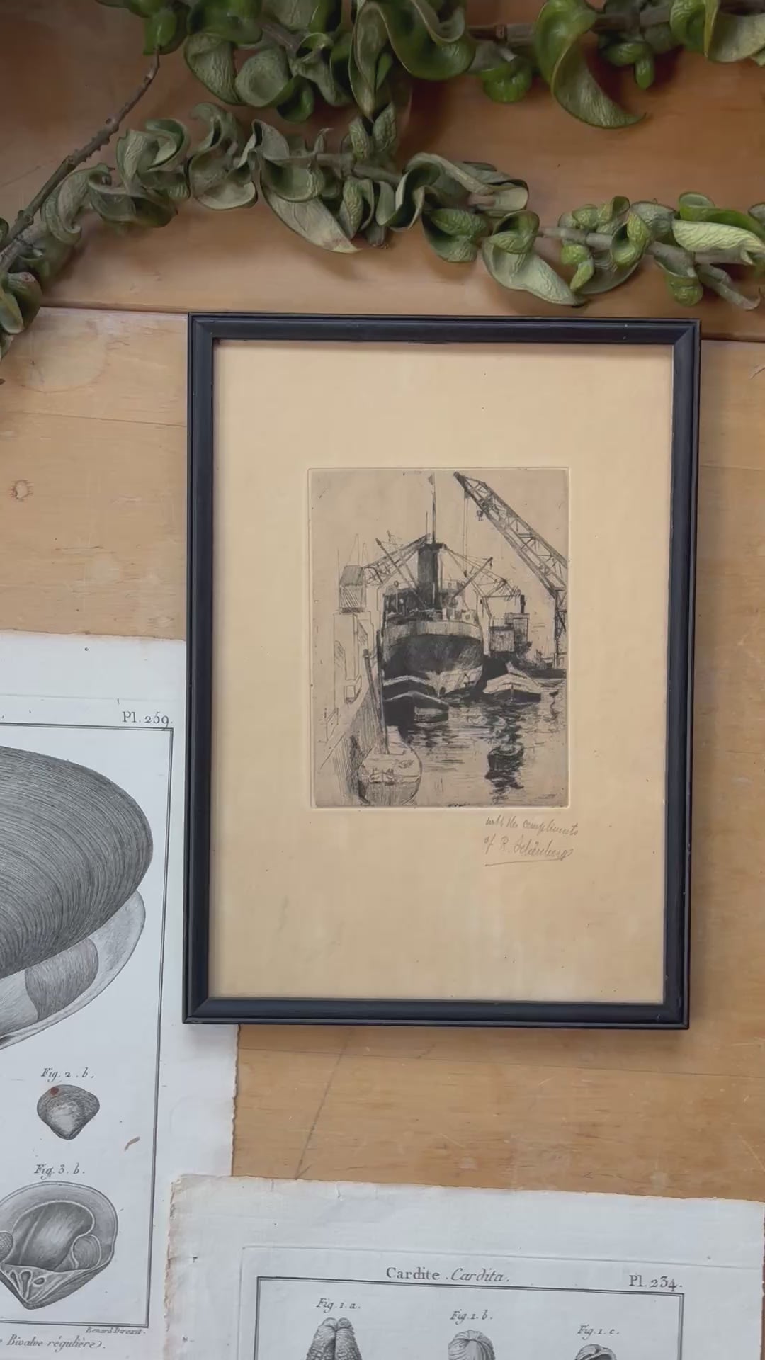 Signed Docked Boat Etching